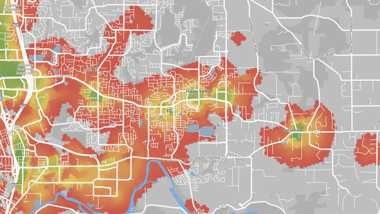 Walk Grade map of Rock Creek, Clackamas, OR, walkable areas in green and car-dependent areas in red