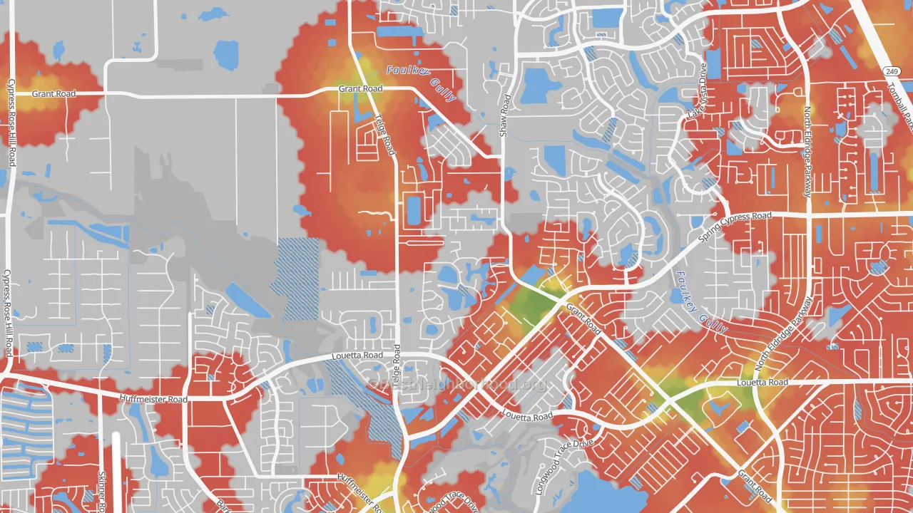 Walk Grade map of Rock Creek, Cypress, TX, walkable areas in green and car-dependent areas in red