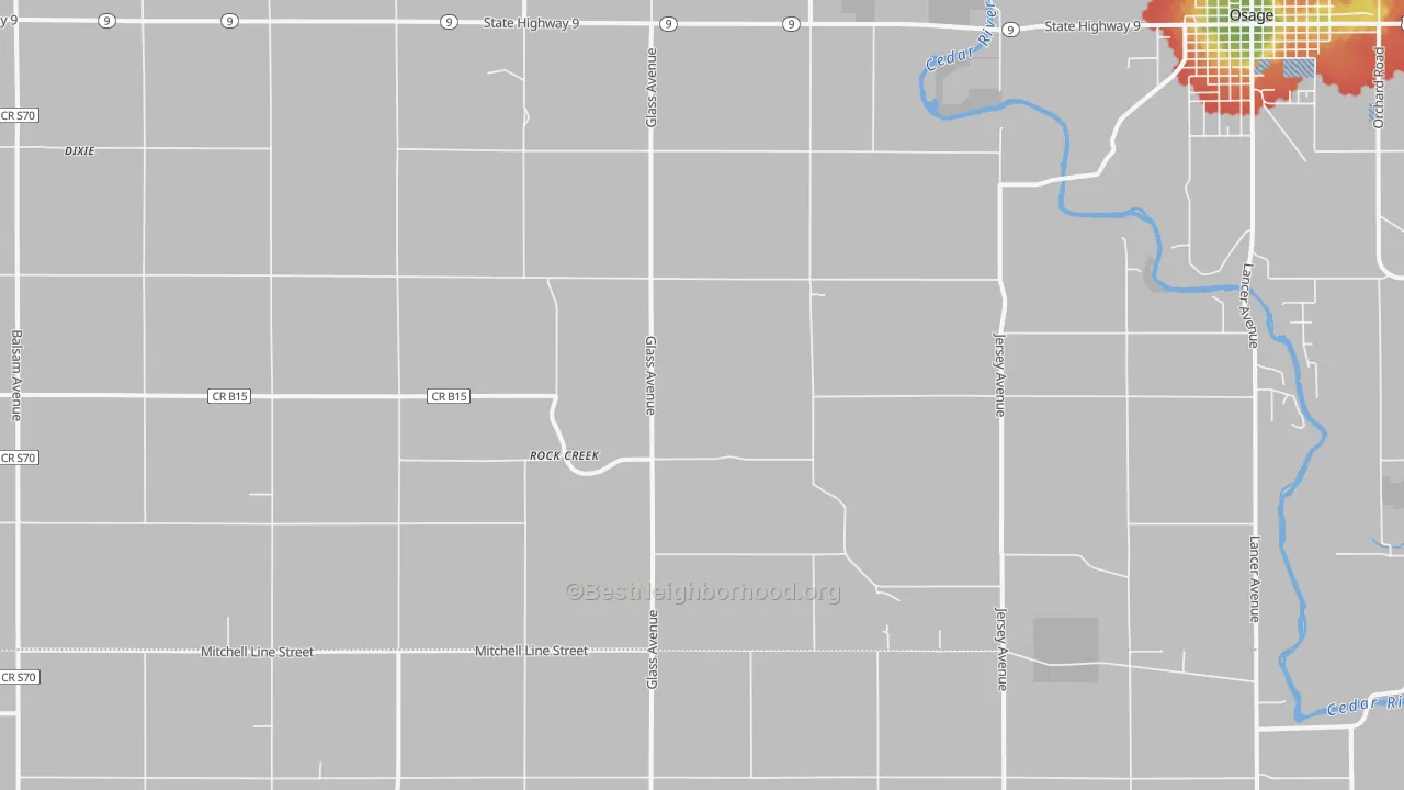 Walk Grade map of Rock Creek, IA, walkable areas in green and car-dependent areas in red