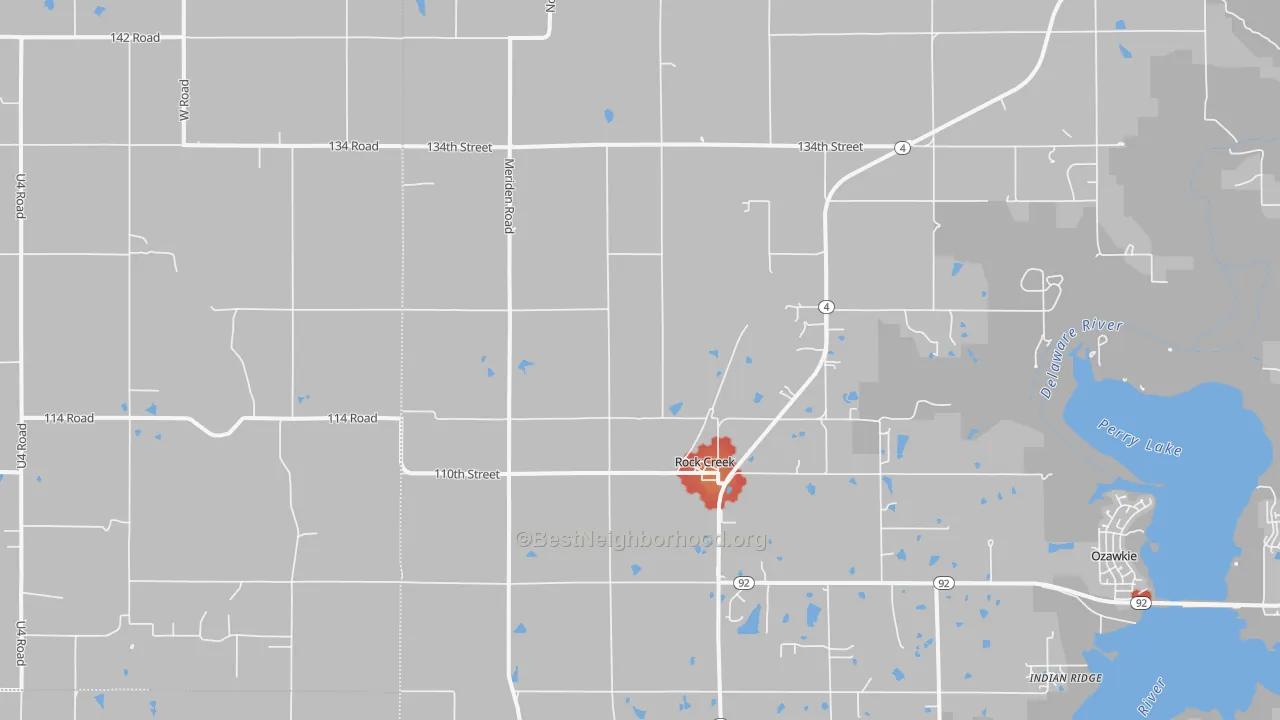 Walk Grade map of Rock Creek, KS, walkable areas in green and car-dependent areas in red