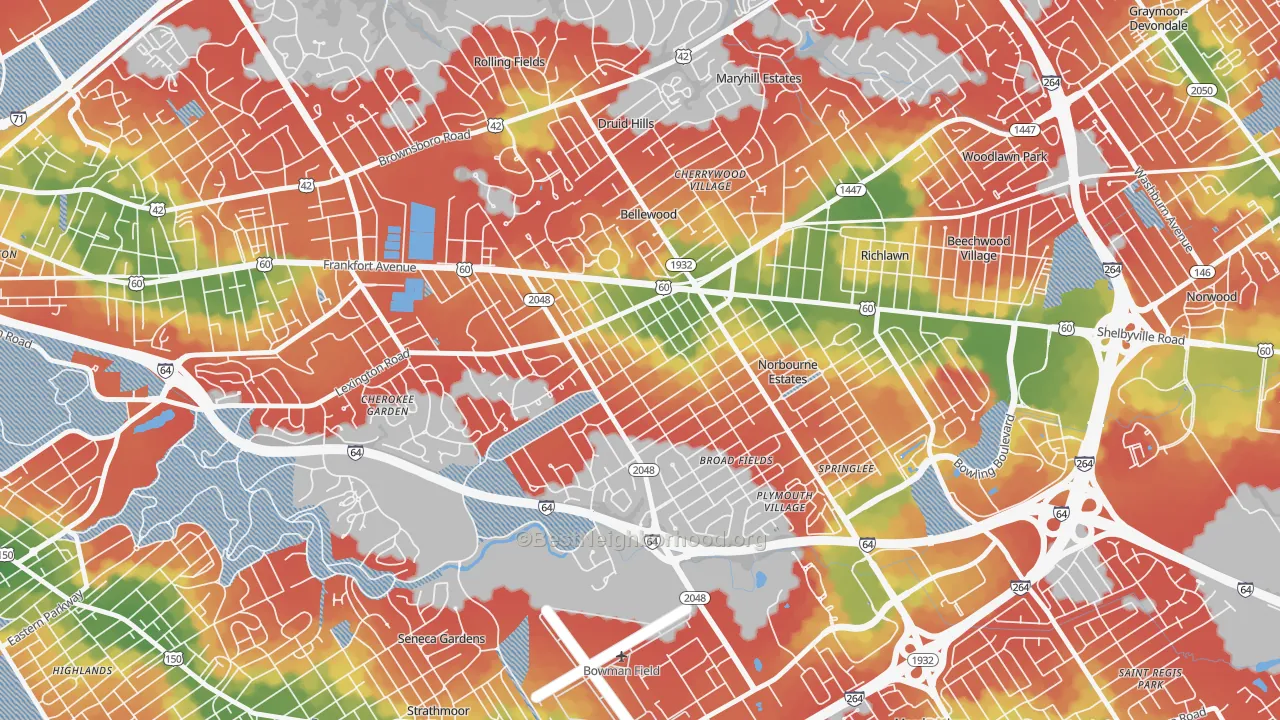 Walk Grade map of Rock Creek Lexington Road, Louisville, KY, walkable areas in green and car-dependent areas in red