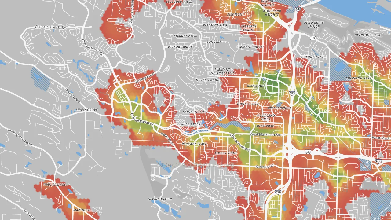 Walk Grade map of Rock Creek, Little Rock, AR, walkable areas in green and car-dependent areas in red