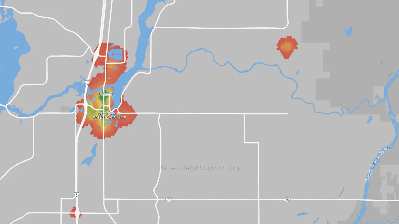 Walk Grade map of Rock Creek, MN, walkable areas in green and car-dependent areas in red