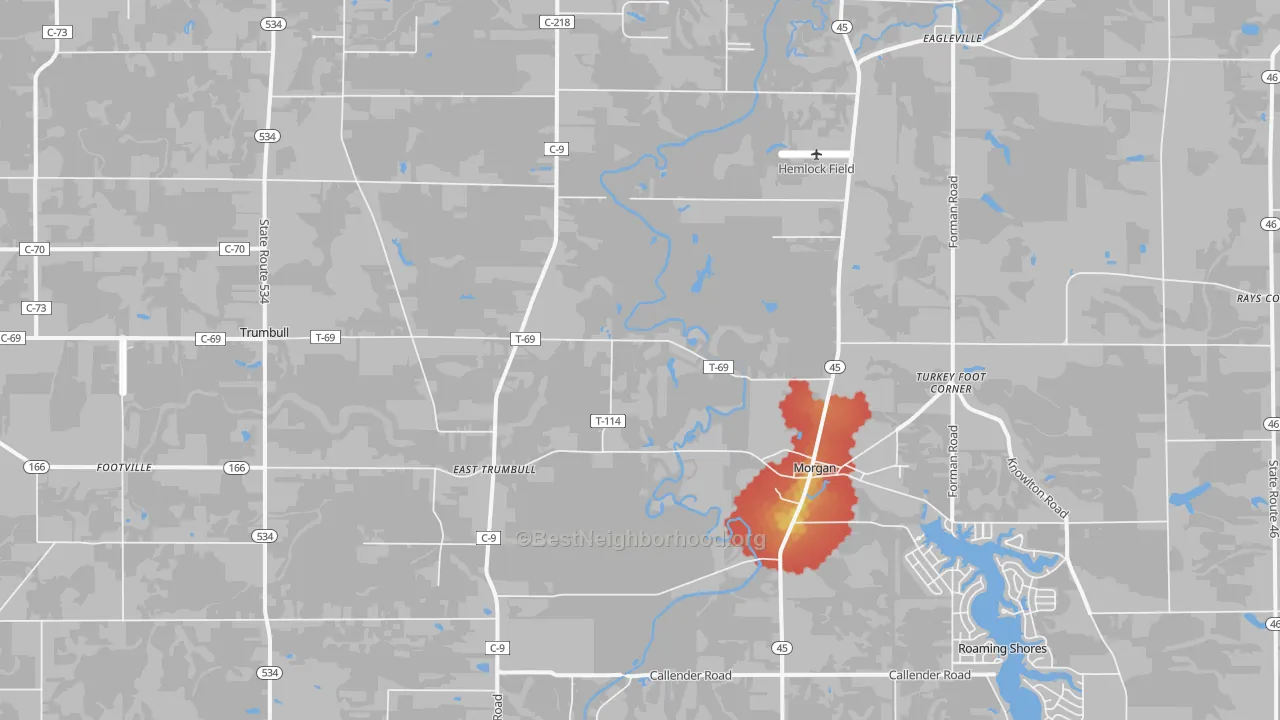 Walk Grade map of Rock Creek, OH, walkable areas in green and car-dependent areas in red