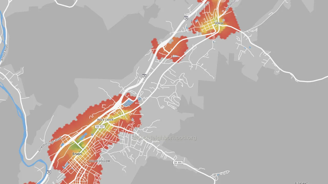 Walk Grade map of Rock Creek, TN, walkable areas in green and car-dependent areas in red