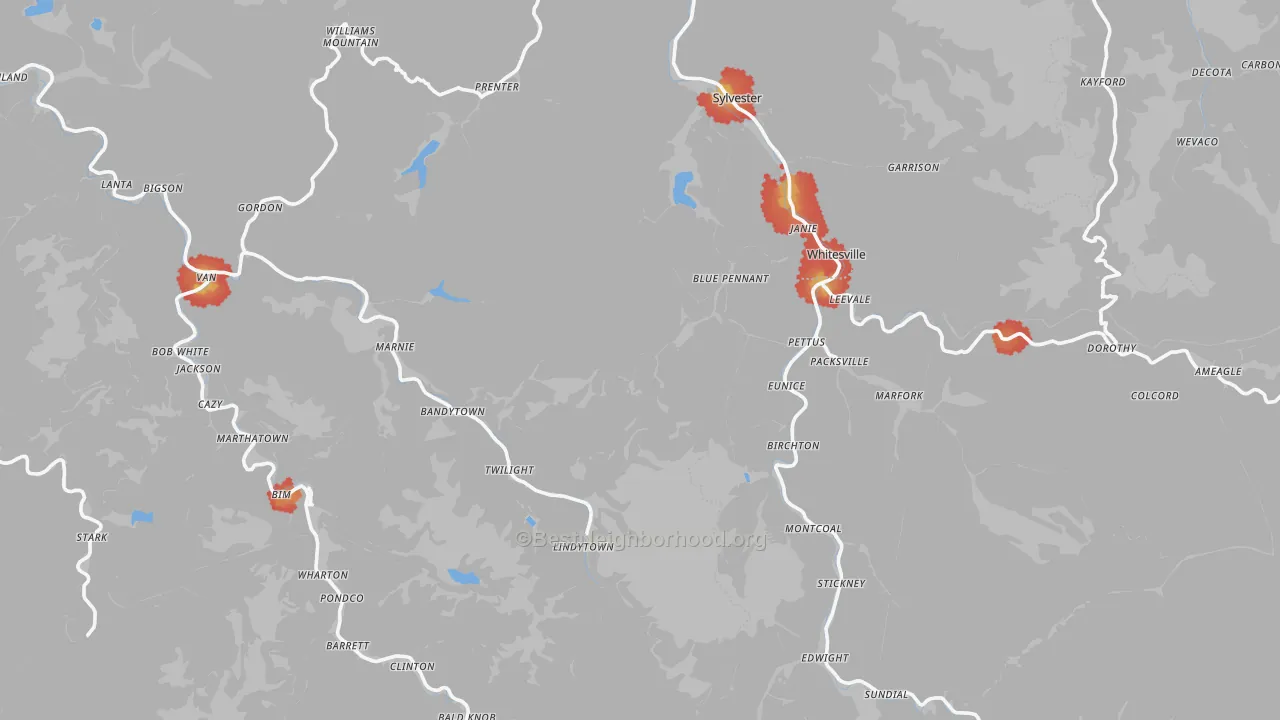 Walk Grade map of Rock Creek, WV, walkable areas in green and car-dependent areas in red
