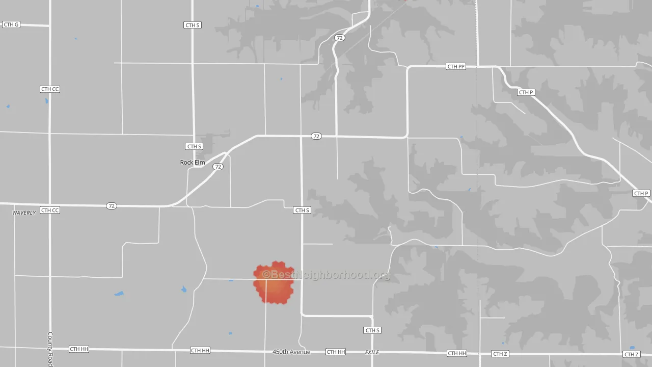 Walk Grade map of Rock Elm, WI, walkable areas in green and car-dependent areas in red