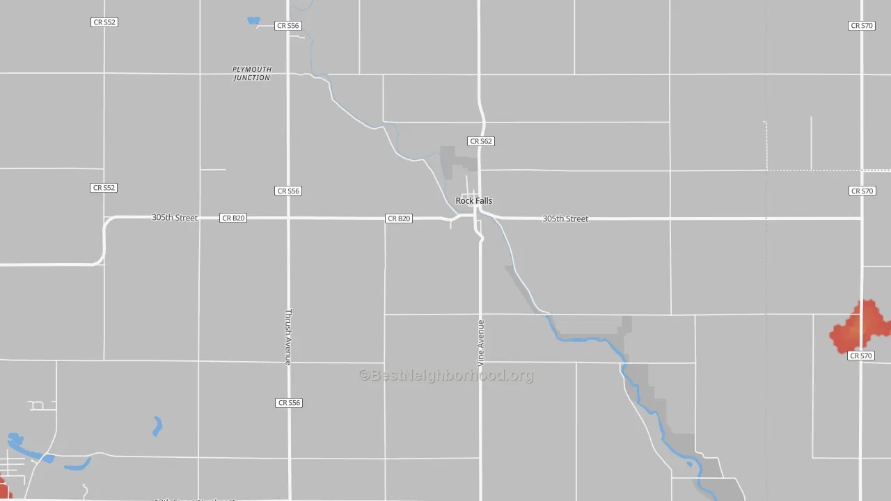 Walk Grade map of Rock Falls, IA, walkable areas in green and car-dependent areas in red