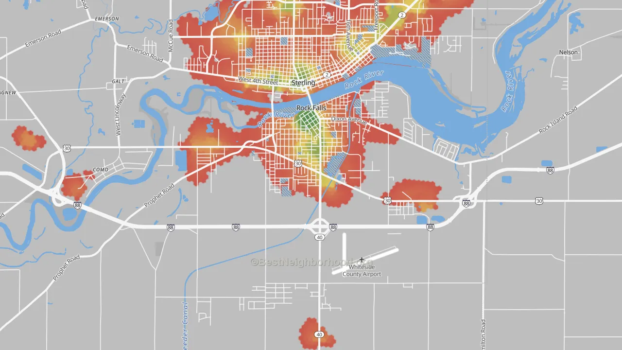 Walk Grade map of Rock Falls, IL, walkable areas in green and car-dependent areas in red