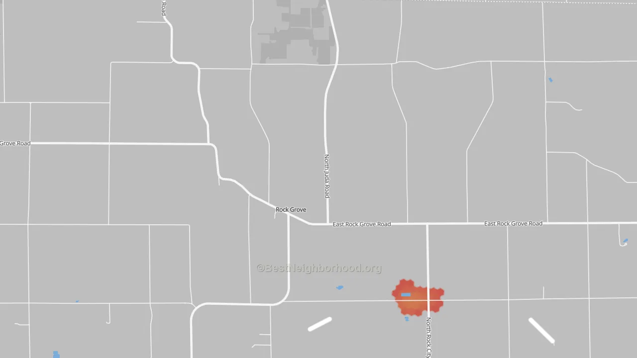 Walk Grade map of Rock Grove, IL, walkable areas in green and car-dependent areas in red