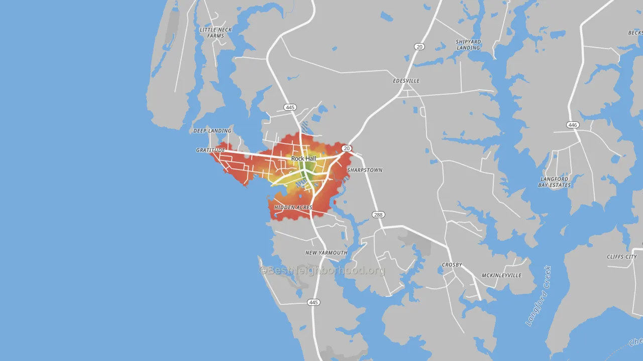 Walk Grade map of Rock Hall, MD, walkable areas in green and car-dependent areas in red