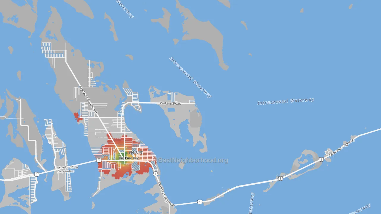 Walk Grade map of Rock Harbor, FL, walkable areas in green and car-dependent areas in red