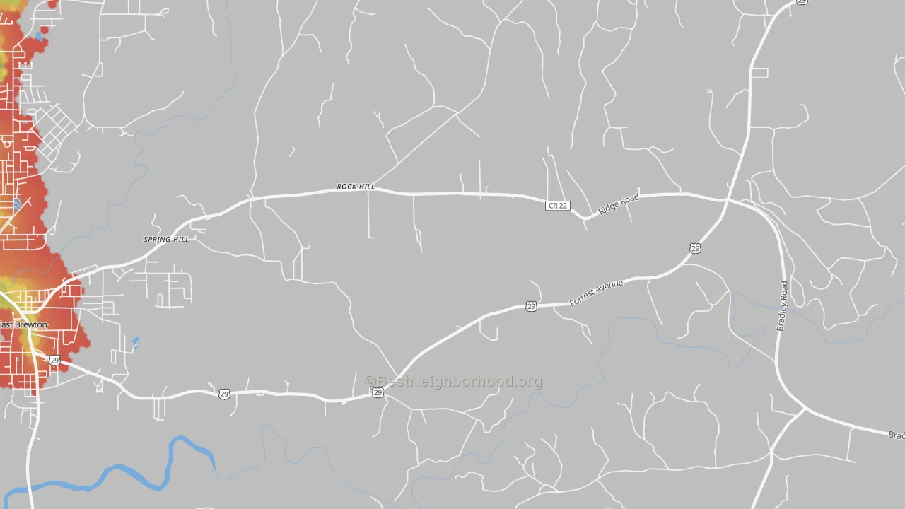 Walk Grade map of Rock Hill, AL, walkable areas in green and car-dependent areas in red