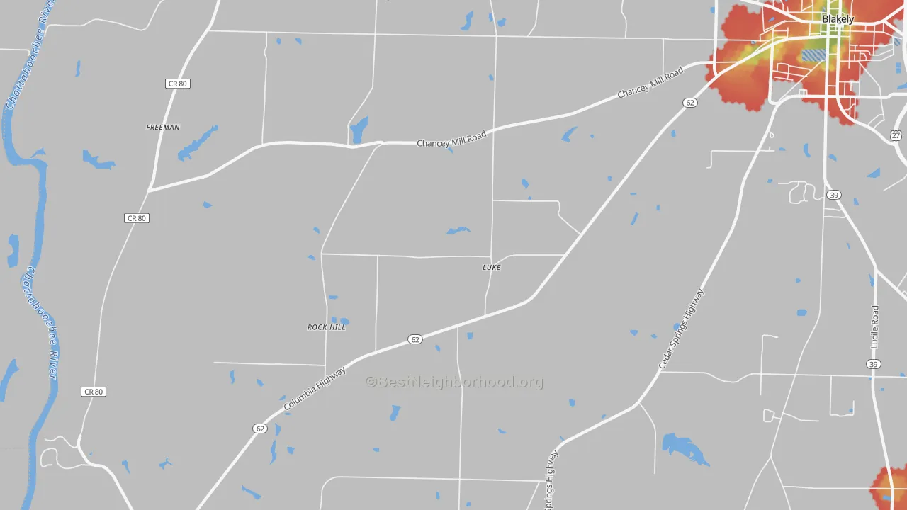 Walk Grade map of Rock Hill, GA, walkable areas in green and car-dependent areas in red