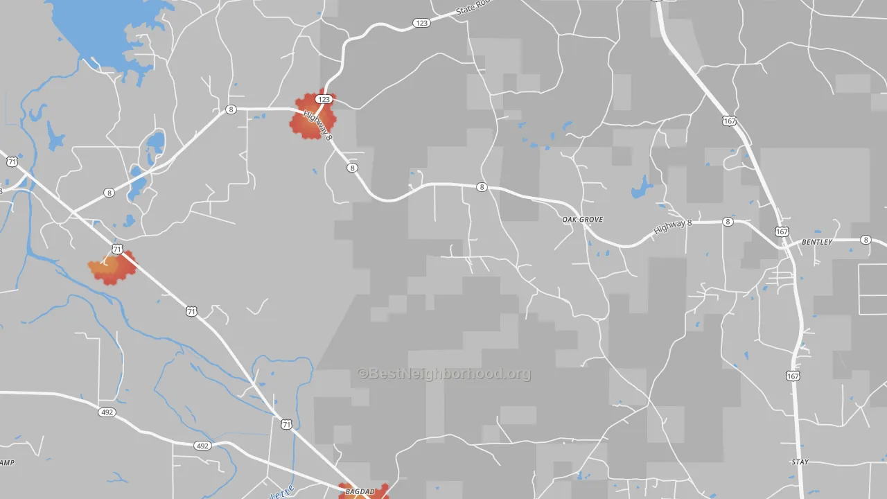 Walk Grade map of Rock Hill, LA, walkable areas in green and car-dependent areas in red