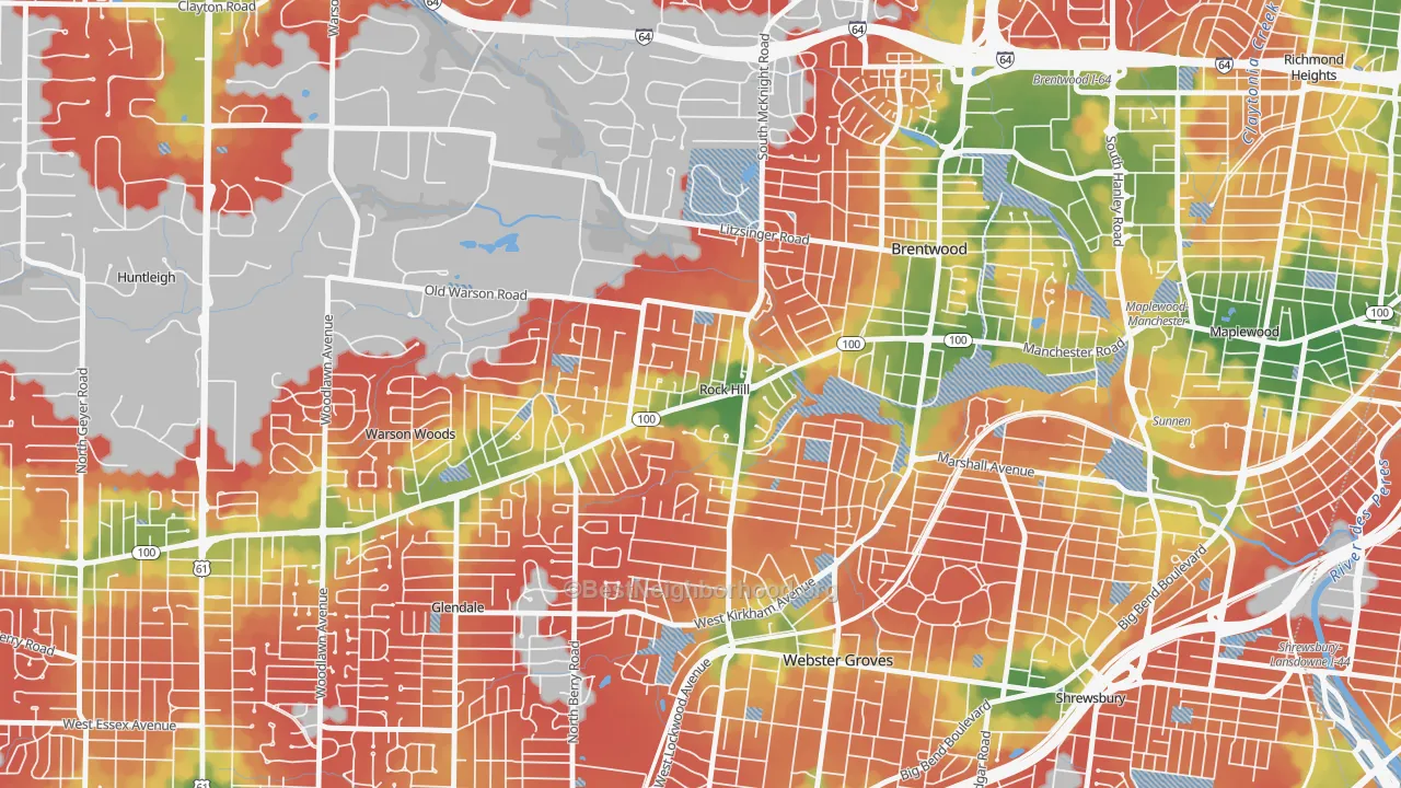 Walk Grade map of Rock Hill, MO, walkable areas in green and car-dependent areas in red