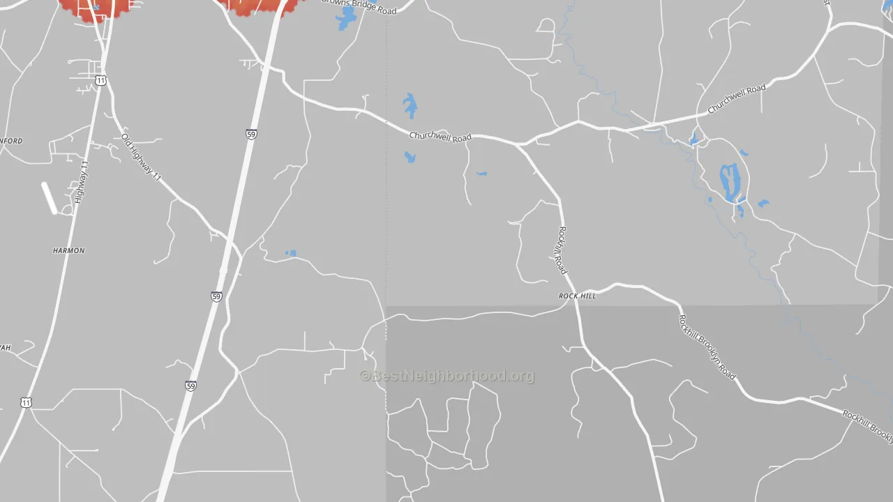 Walk Grade map of Rock Hill, MS, walkable areas in green and car-dependent areas in red