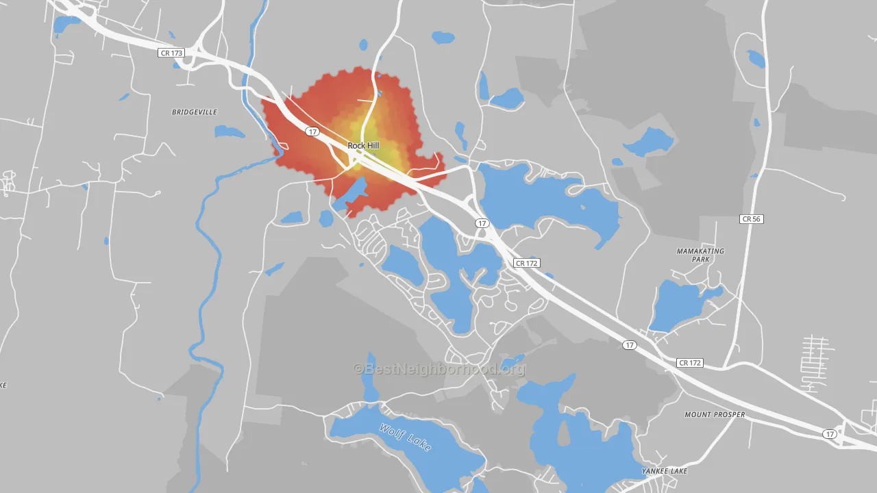 Walk Grade map of Rock Hill, NY, walkable areas in green and car-dependent areas in red