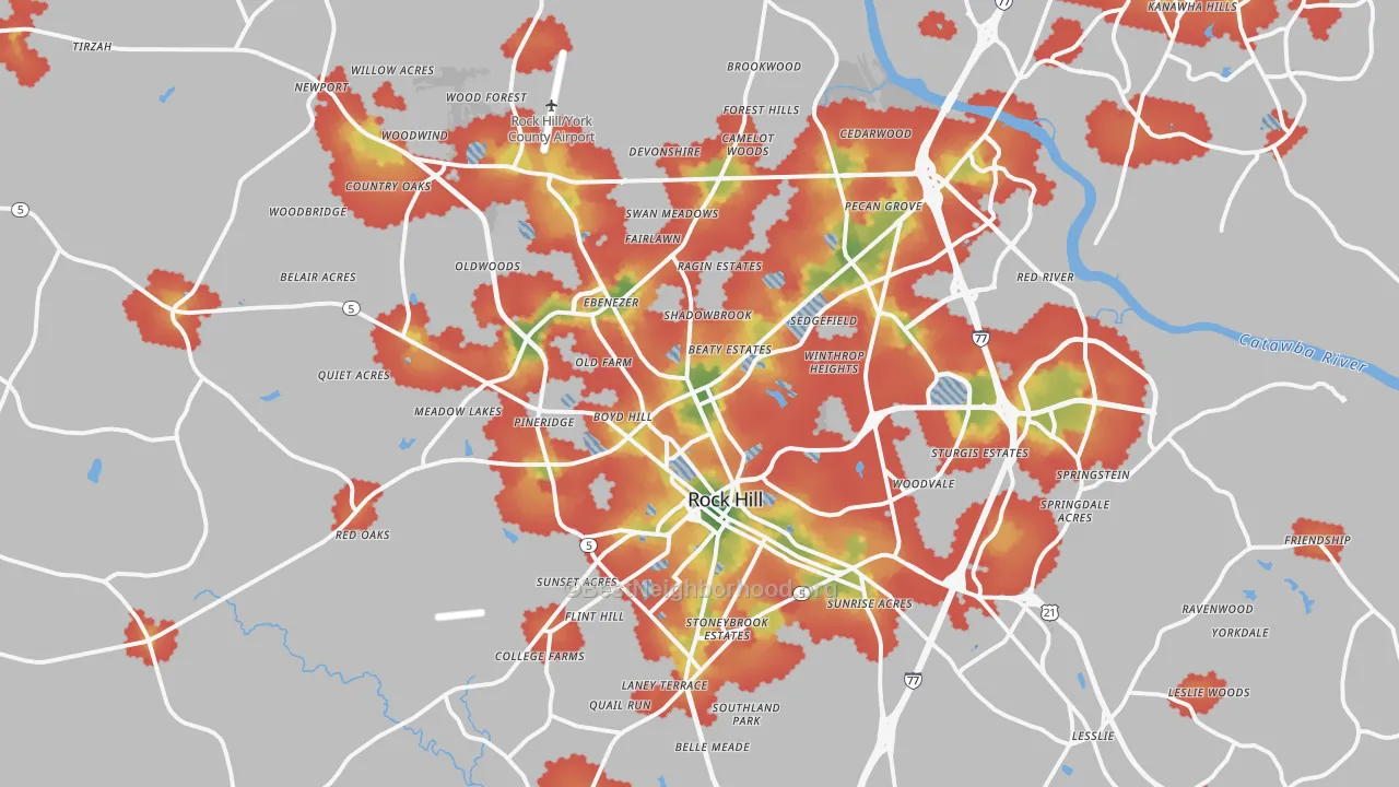 Walk Grade map of Rock Hill, SC, walkable areas in green and car-dependent areas in red