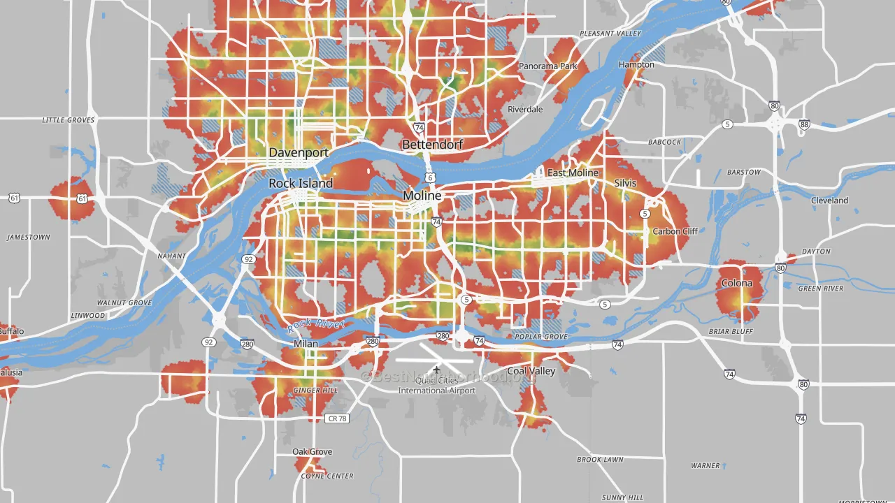 Walk Grade map of Rock Island County, IL, walkable areas in green and car-dependent areas in red