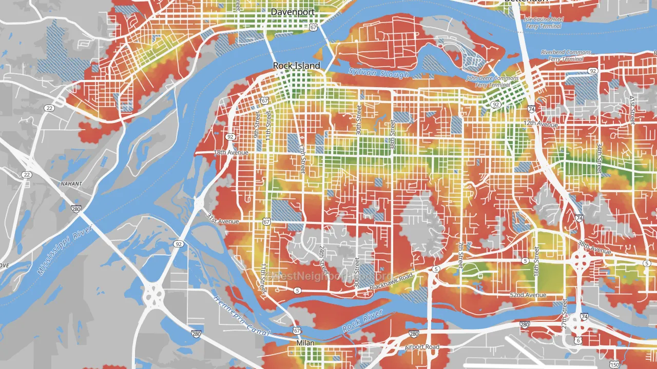 Walk Grade map of Rock Island, IL, walkable areas in green and car-dependent areas in red