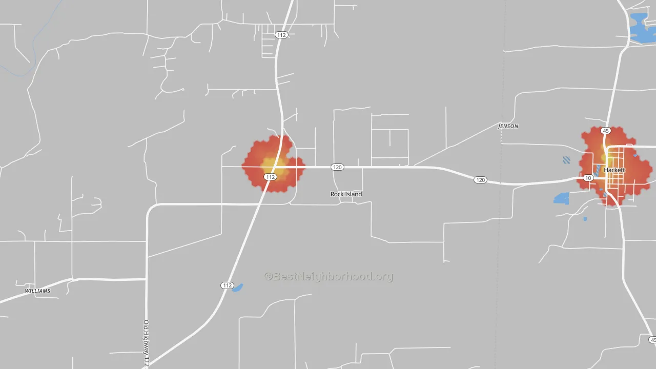 Walk Grade map of Rock Island, OK, walkable areas in green and car-dependent areas in red