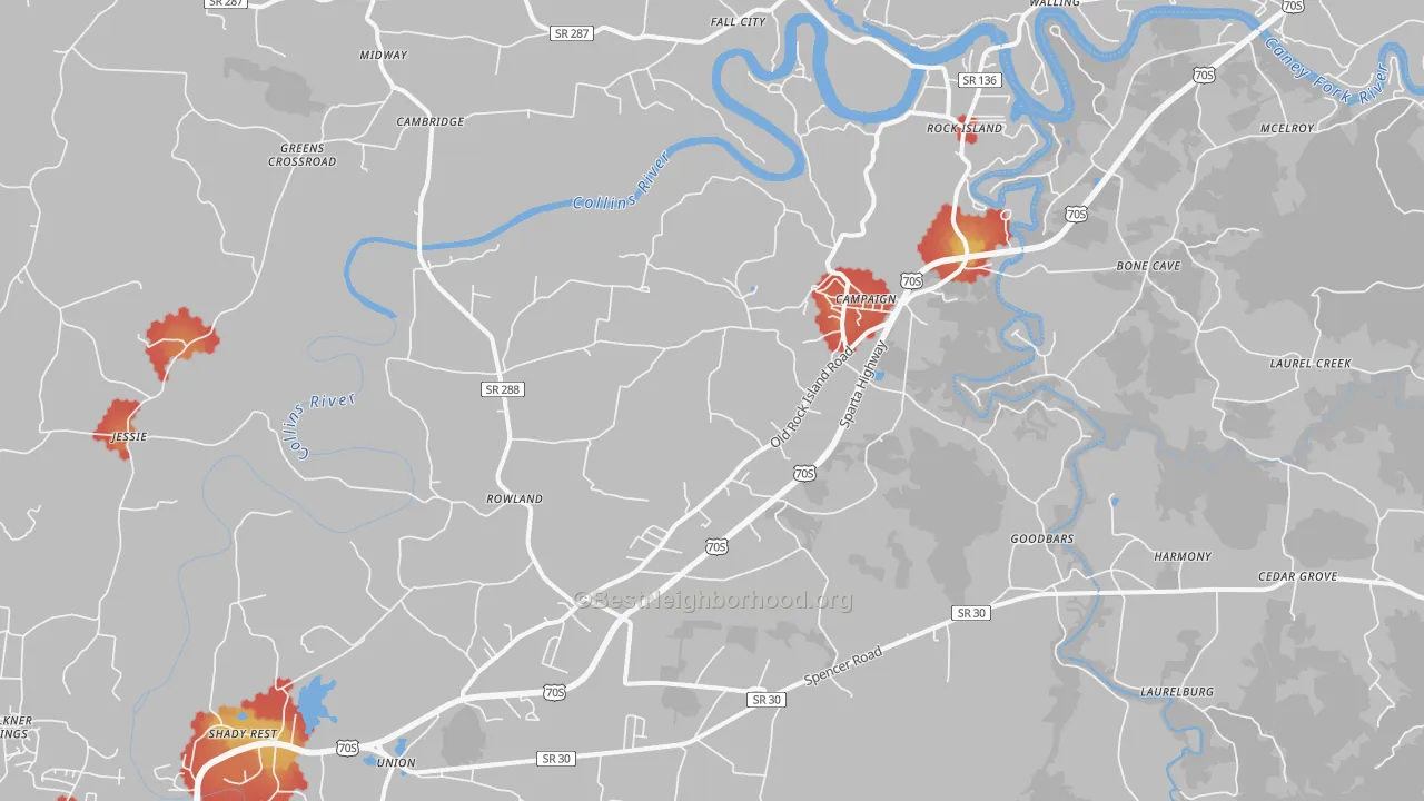 Walk Grade map of Rock Island, TN, walkable areas in green and car-dependent areas in red