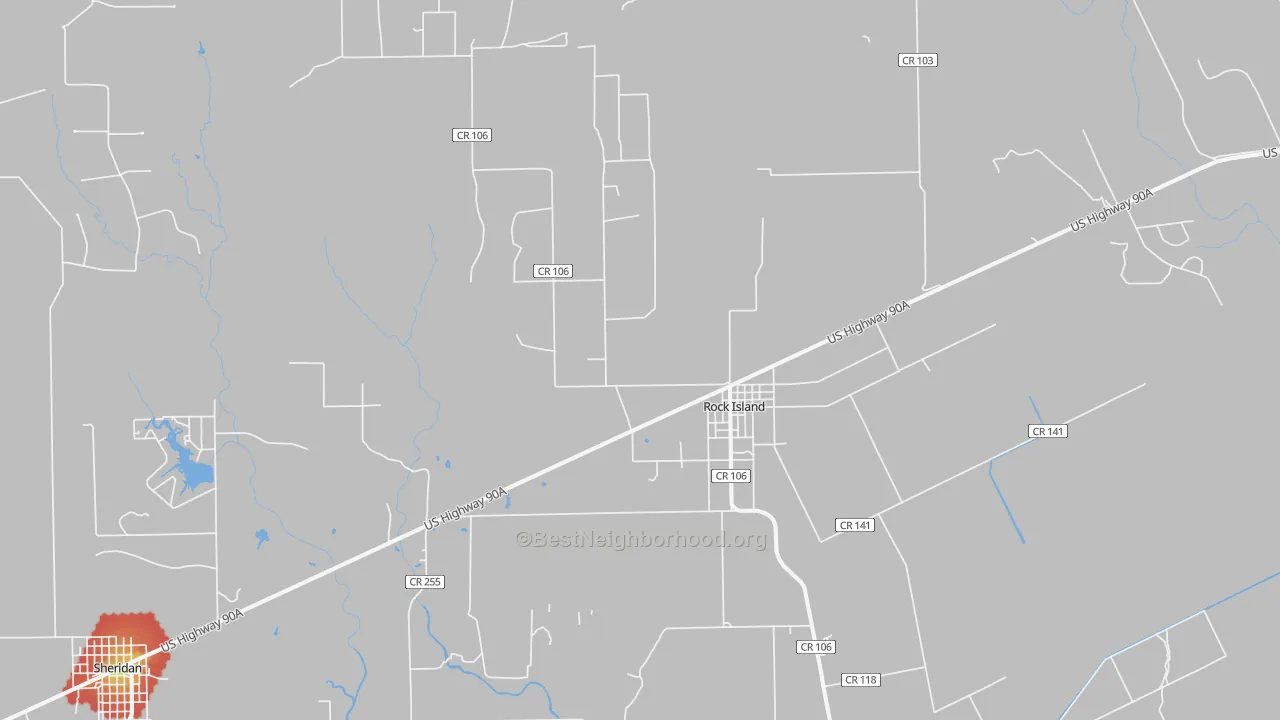 Walk Grade map of Rock Island, TX, walkable areas in green and car-dependent areas in red