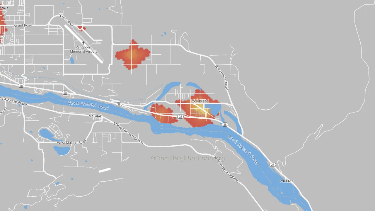 Walk Grade map of Rock Island, WA, walkable areas in green and car-dependent areas in red