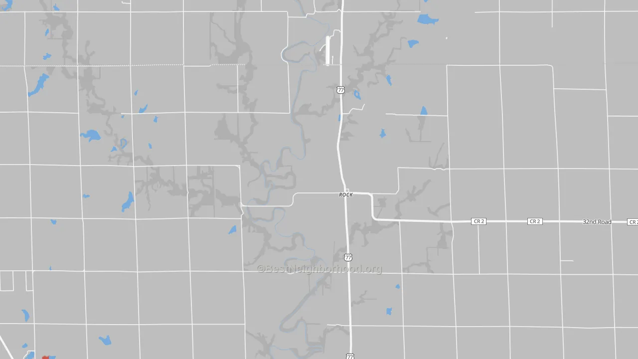 Walk Grade map of Rock, KS, walkable areas in green and car-dependent areas in red