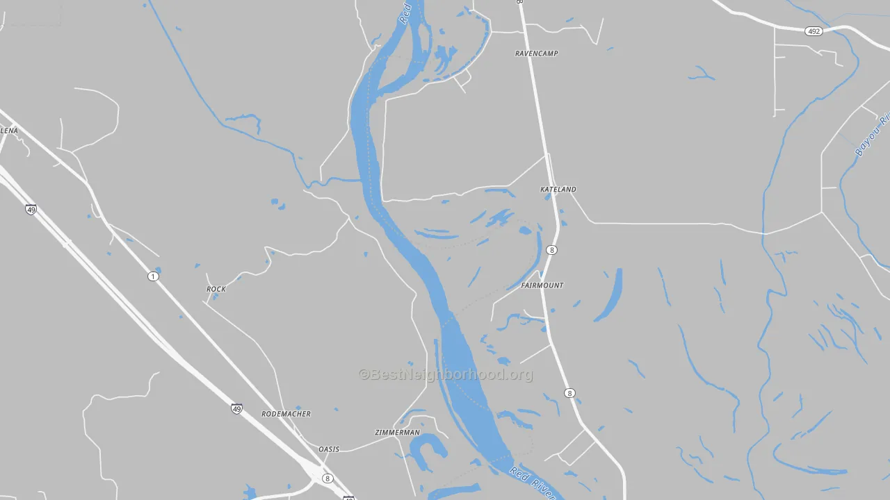 Walk Grade map of Rock, LA, walkable areas in green and car-dependent areas in red