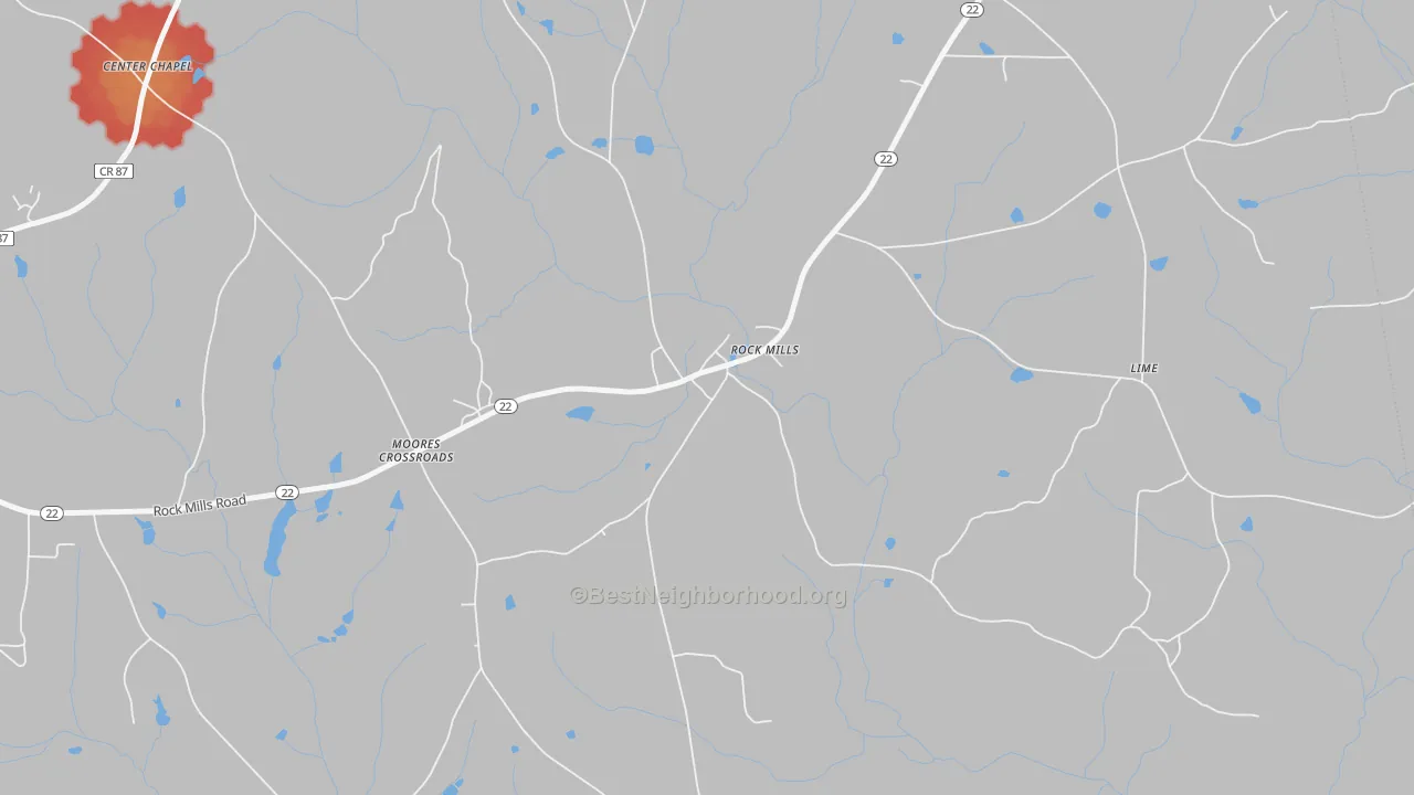 Walk Grade map of Rock Mills, AL, walkable areas in green and car-dependent areas in red