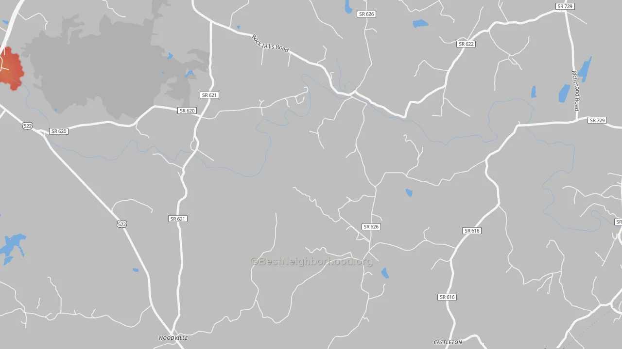 Walk Grade map of Rock Mills, VA, walkable areas in green and car-dependent areas in red