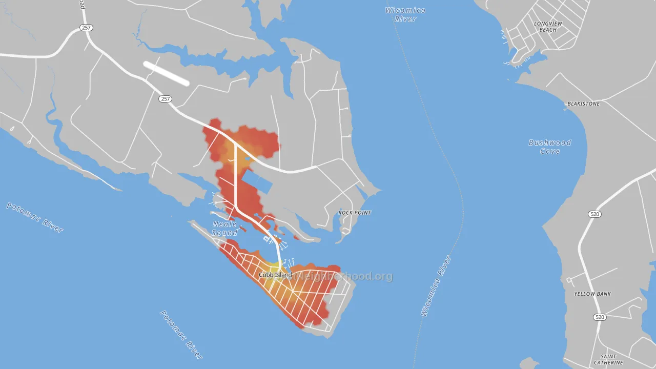 Walk Grade map of Rock Point, MD, walkable areas in green and car-dependent areas in red