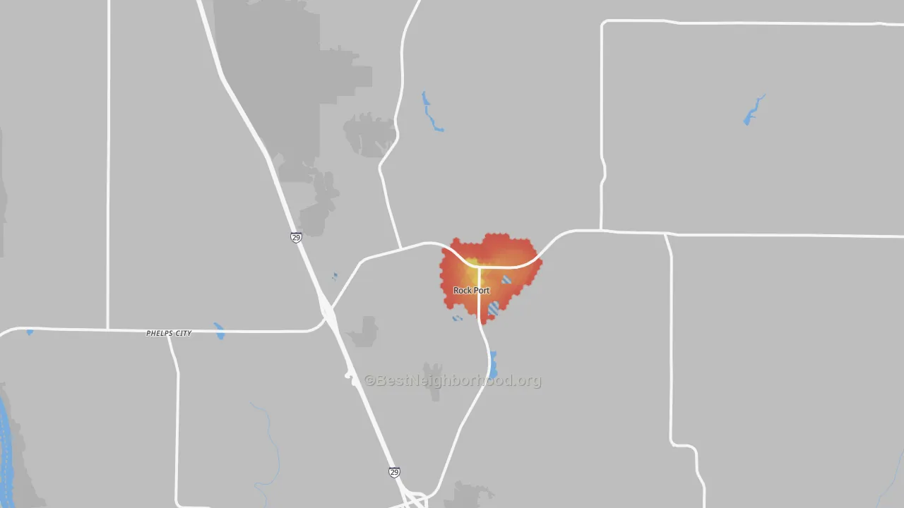 Walk Grade map of Rock Port, MO, walkable areas in green and car-dependent areas in red
