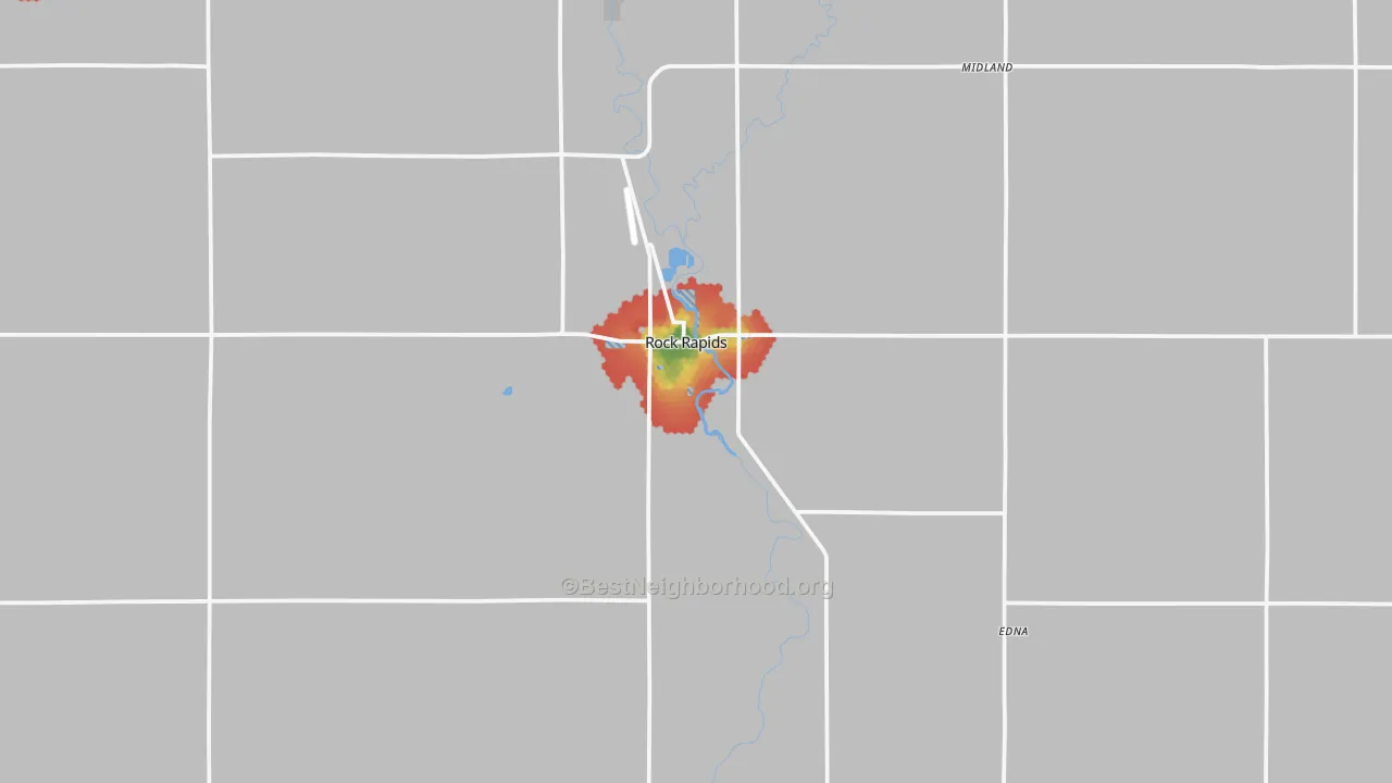 Walk Grade map of Rock Rapids, IA, walkable areas in green and car-dependent areas in red