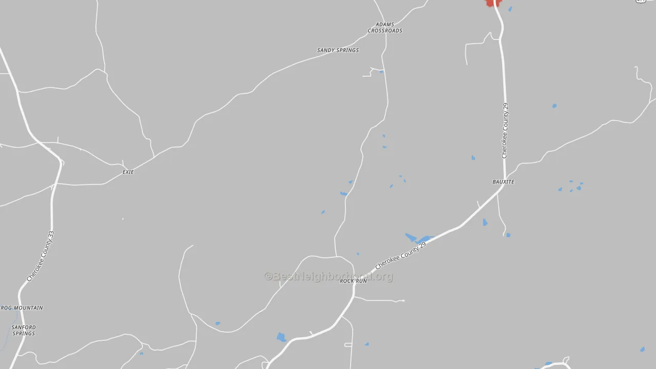 Walk Grade map of Rock Run, AL, walkable areas in green and car-dependent areas in red