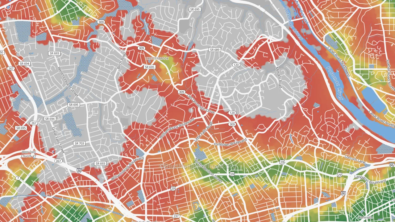 Walk Grade map of Rock Spring, Arlington, VA, walkable areas in green and car-dependent areas in red