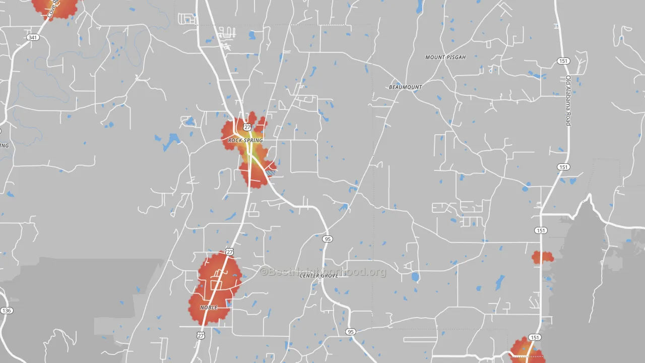 Walk Grade map of Rock Spring, GA, walkable areas in green and car-dependent areas in red