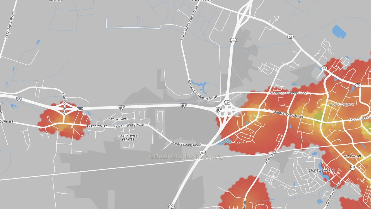 Walk Grade map of Rock Spring, NC, walkable areas in green and car-dependent areas in red