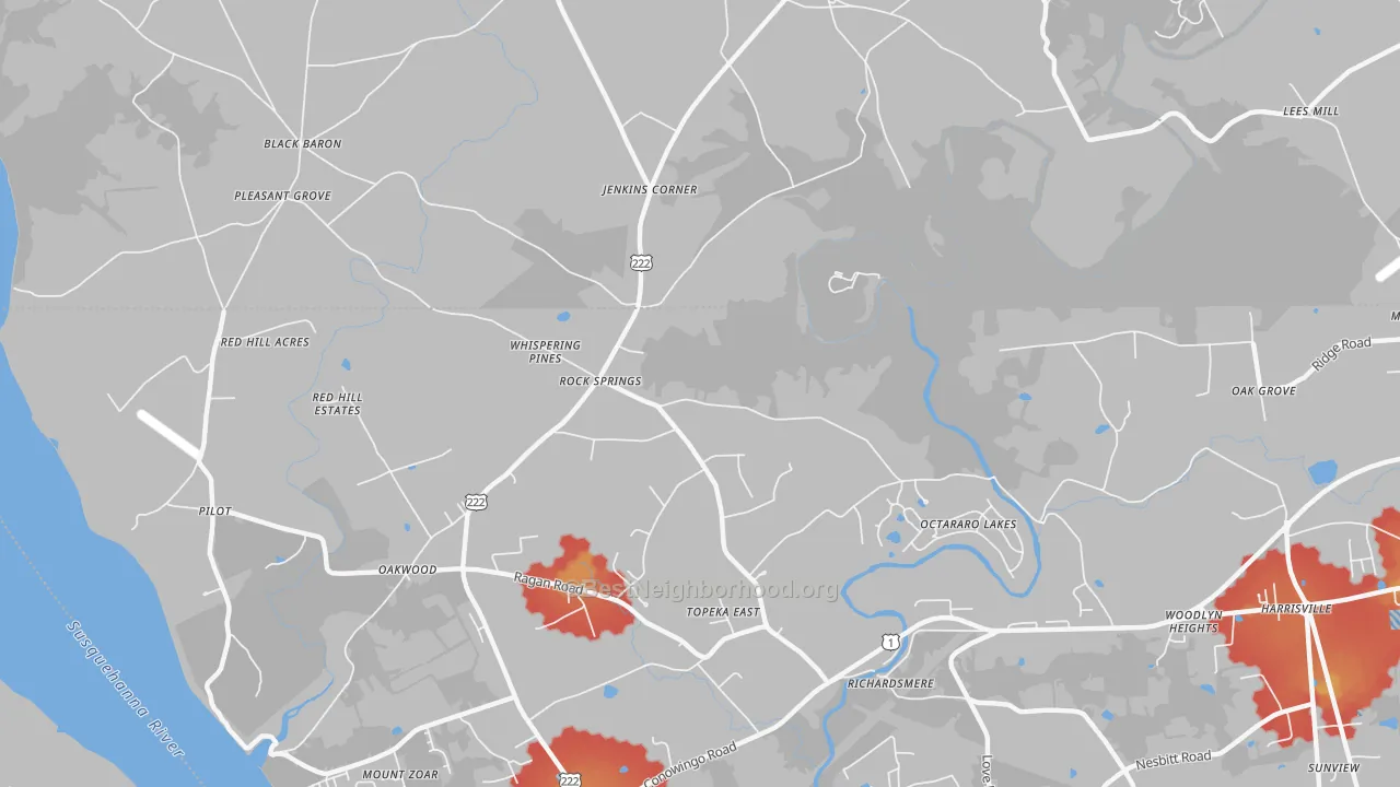 Walk Grade map of Rock Springs, MD, walkable areas in green and car-dependent areas in red