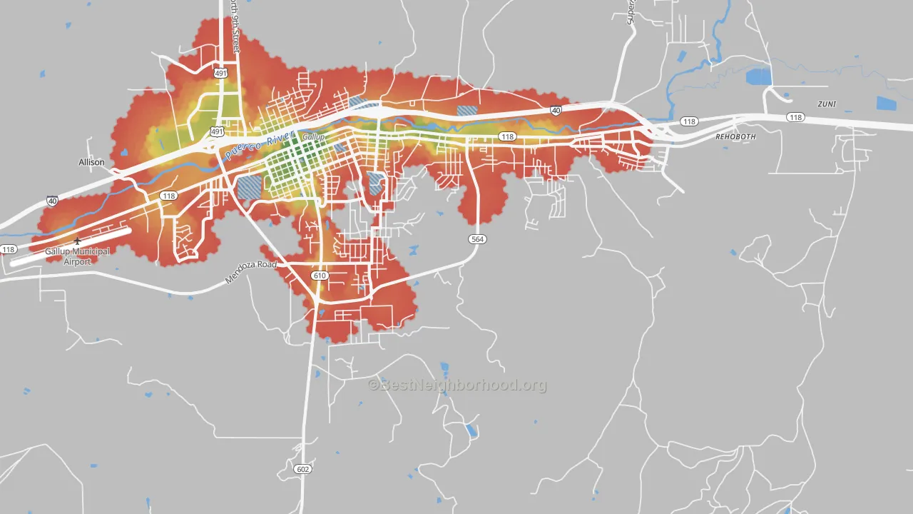 Walk Grade map of Rock Springs, NM, walkable areas in green and car-dependent areas in red