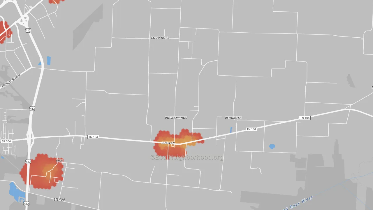Walk Grade map of Rock Springs, TN, walkable areas in green and car-dependent areas in red