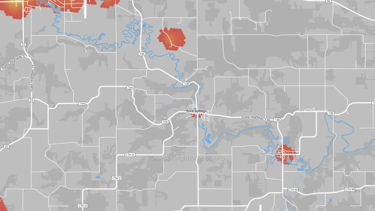Walk Grade map of Rock Springs, WI, walkable areas in green and car-dependent areas in red
