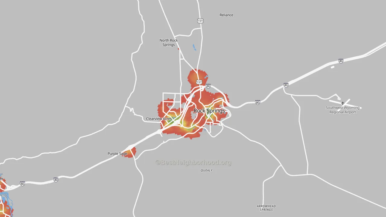 Walk Grade map of Rock Springs, WY, walkable areas in green and car-dependent areas in red