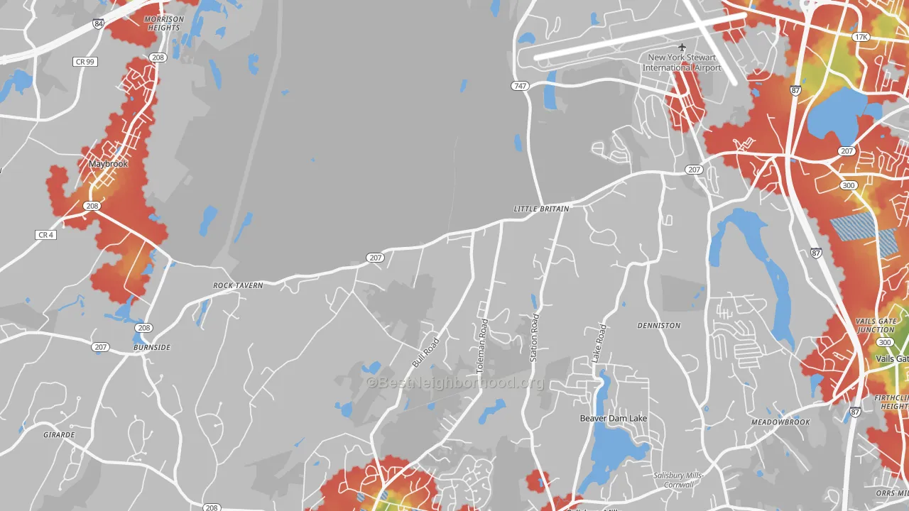 Walk Grade map of Rock Tavern, NY, walkable areas in green and car-dependent areas in red