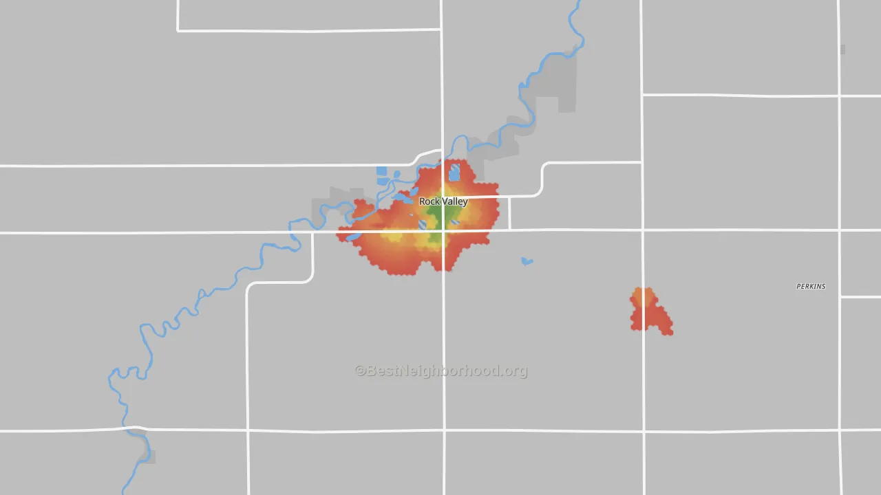 Walk Grade map of Rock Valley, IA, walkable areas in green and car-dependent areas in red