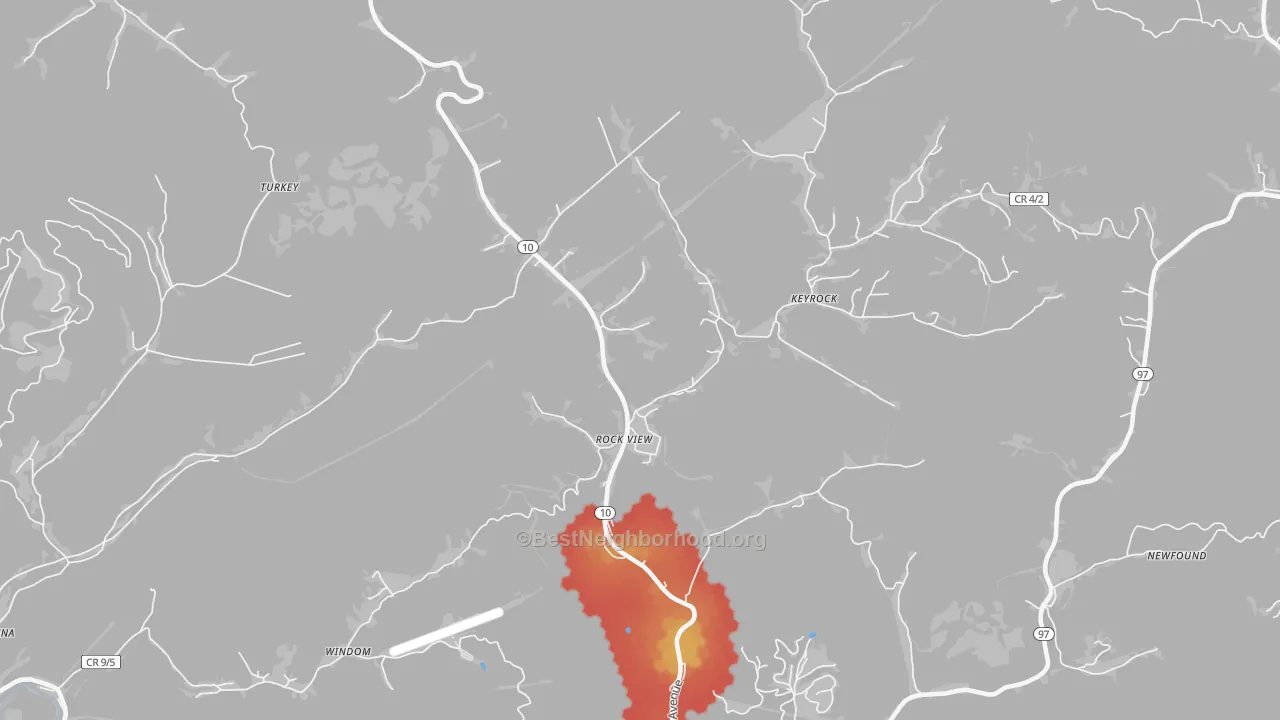 Walk Grade map of Rock View, WV, walkable areas in green and car-dependent areas in red