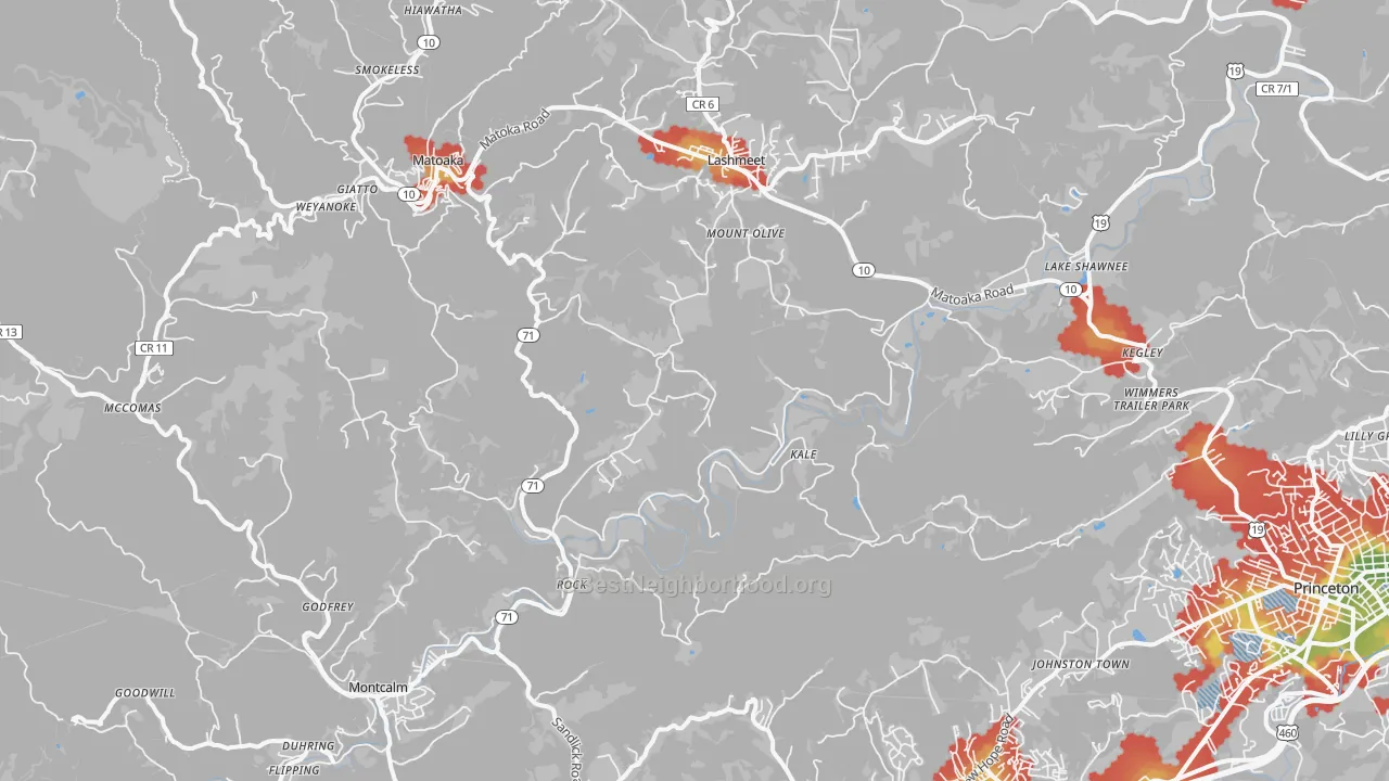 Walk Grade map of Rock, WV, walkable areas in green and car-dependent areas in red