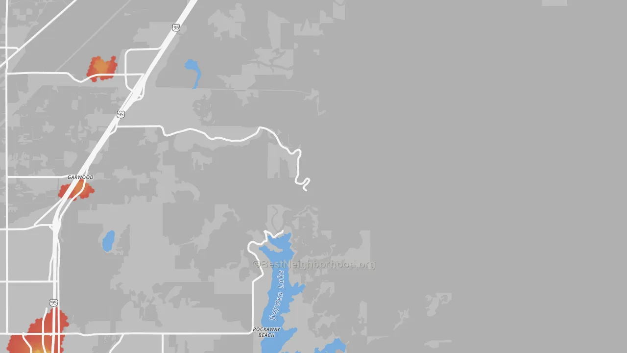 Walk Grade map of Rockaway Beach, ID, walkable areas in green and car-dependent areas in red